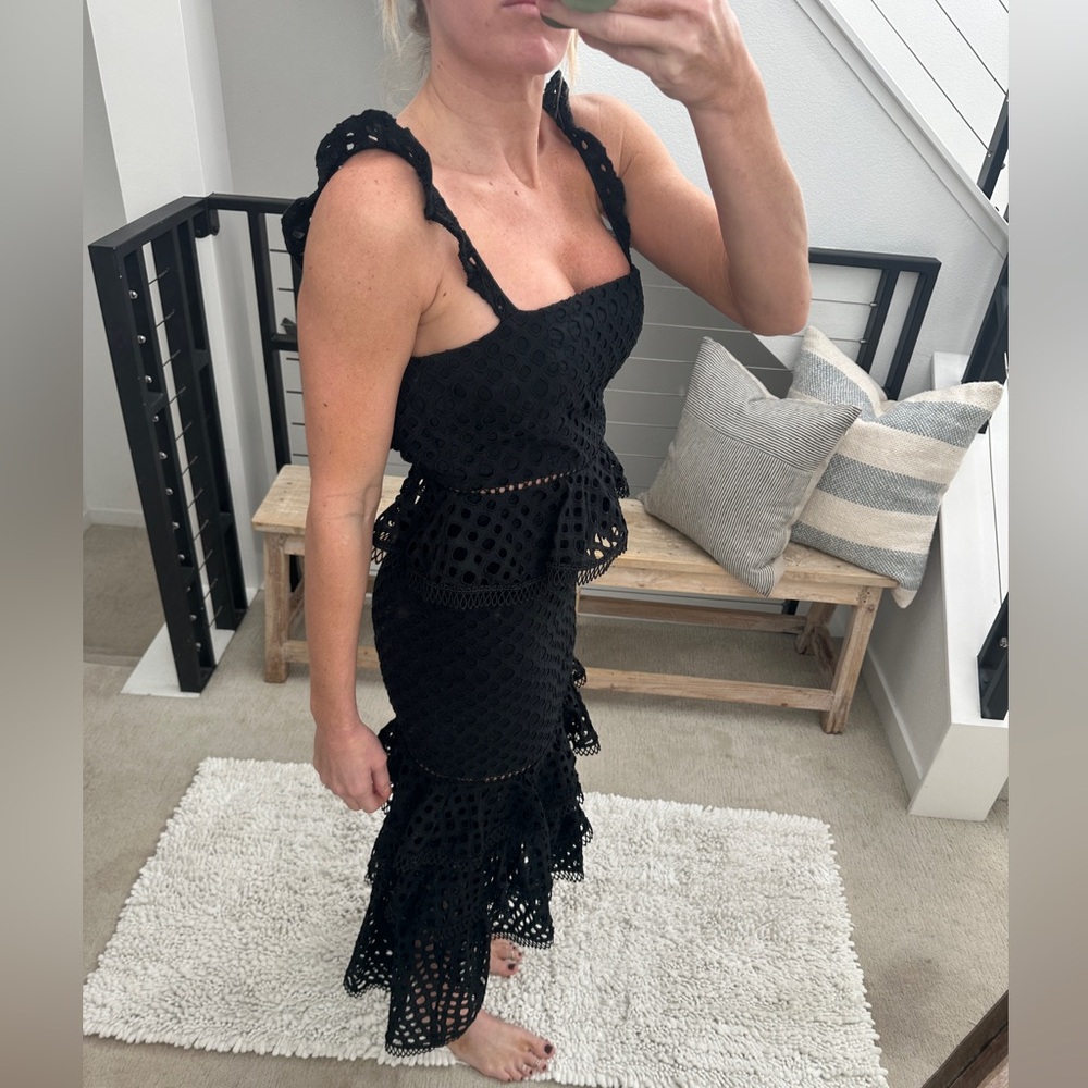 NBD Revolve Black Lace Tiered Midi Dress with Ruffle Straps Wedding Formal XS - Picture 6 of 12